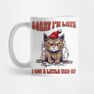 Funny Christmas Cat Tangled in Lights Wearing Santa Hat Mug